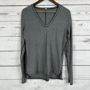 Lululemon Shirt Womens Medium Black Striped Casual Vneck Long Sleeve Thumb Holes